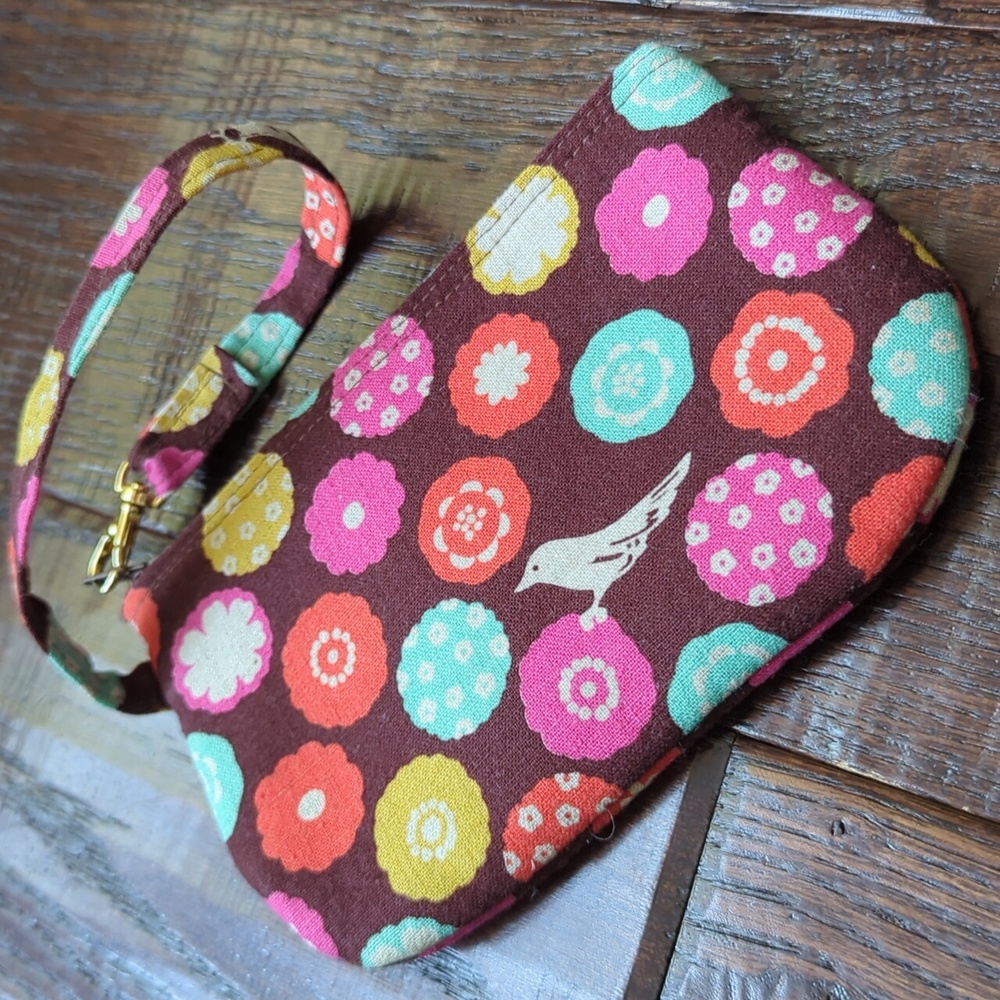 Artist-Made Bird Pattern Padded Fabric Zippered Wristlet Clutch Bag Purse
